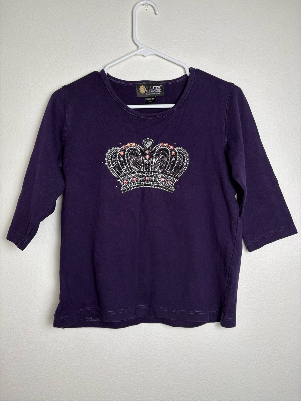 Christine Alexander Purple Mid Sleeve Top with Rhinestone Crown Size Small